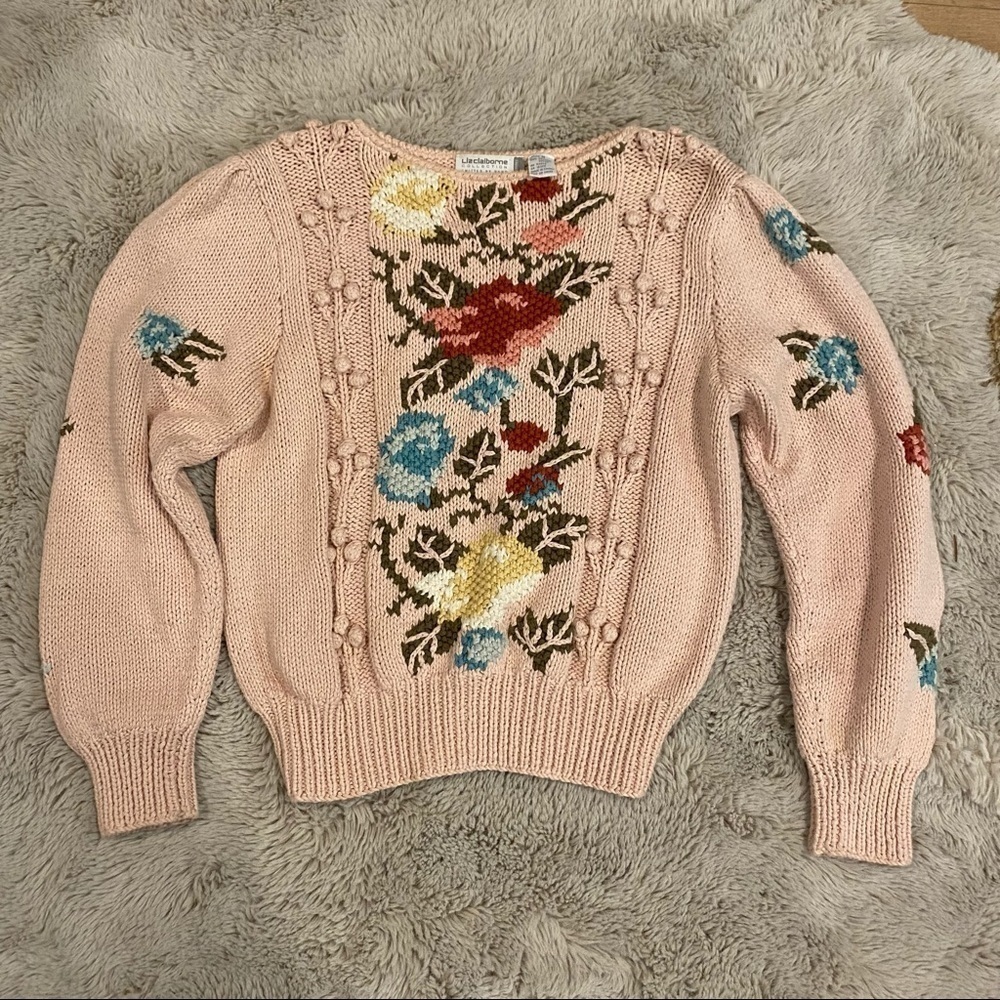 Vintage floral hand knit sweater womens MP